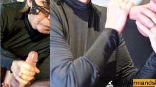 4K – MILF sucks in black dress and gets cum on face
